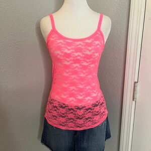 Hot Pink Lace Cami Tank Top‎ Sleeveless Layering Y2K Party Clubwear